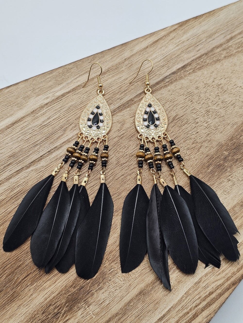 Long Gold-tone Black Feather Teardrop Dangle Earrings